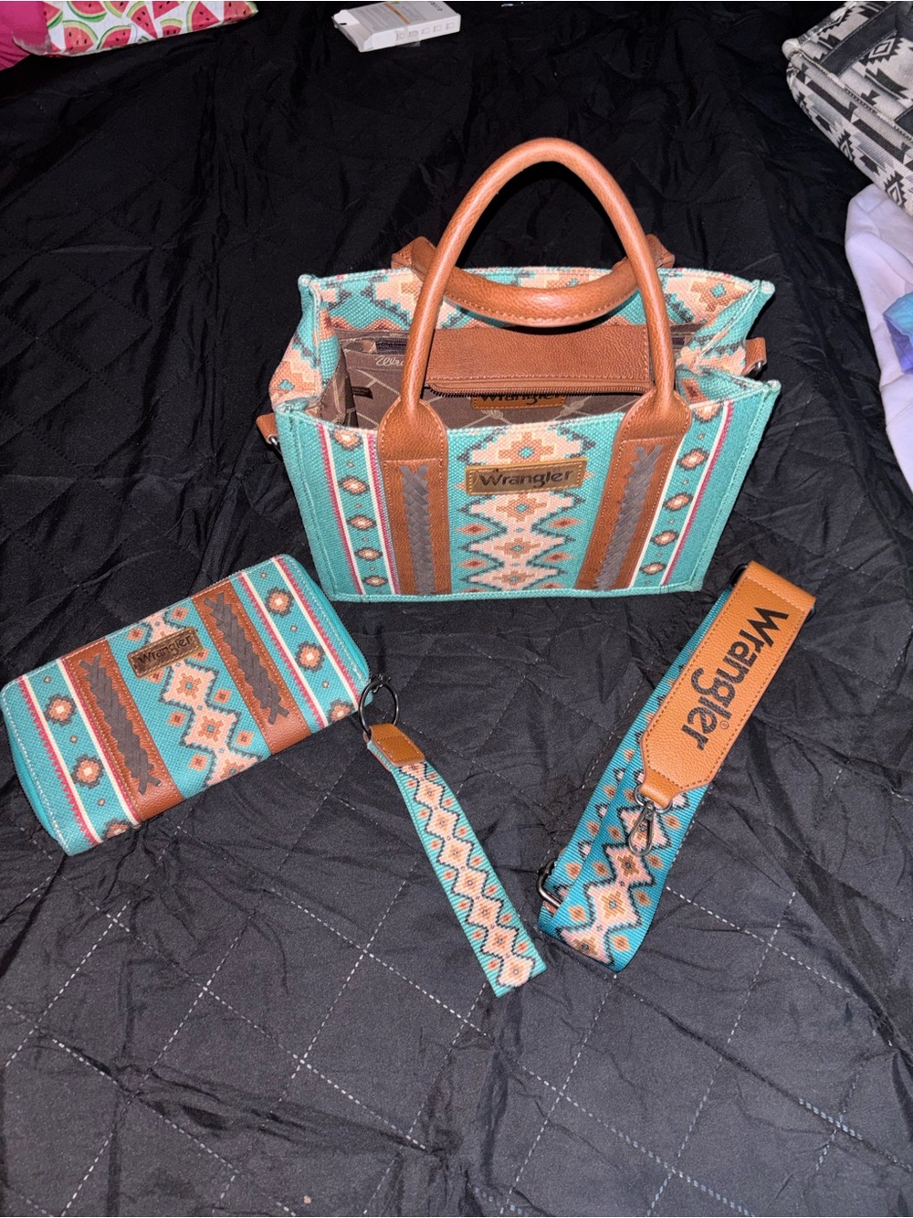 Wrangler Turquoise and Brown Southwestern Tote with Matching Accessories